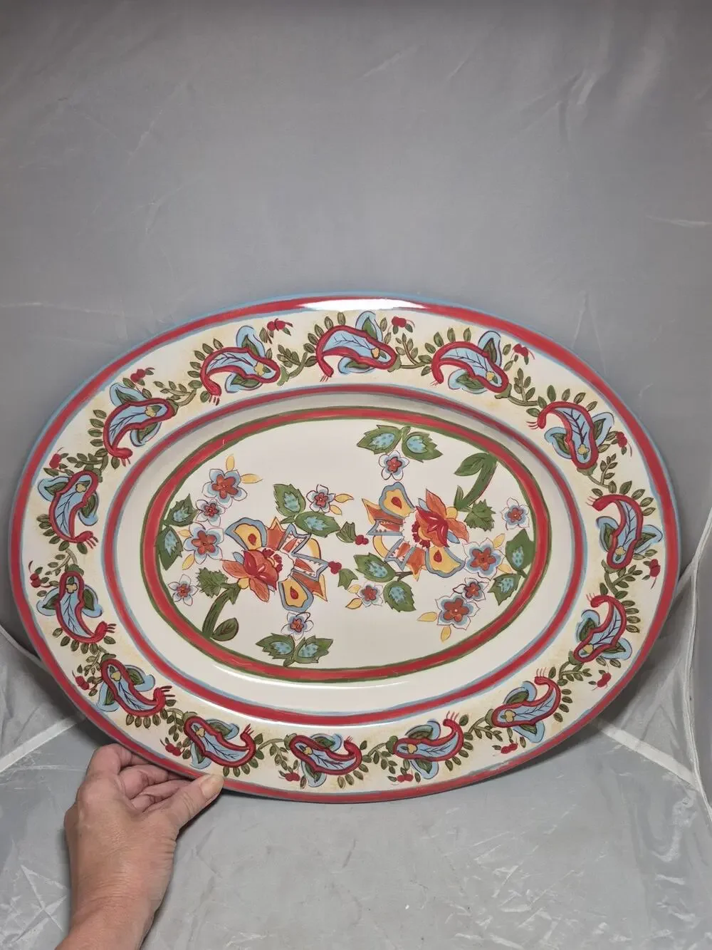 💥 Pottery Barn Sausalito Paisley Ceramic LARGE OVAL SERVING PLATTER 18” x 14.5”